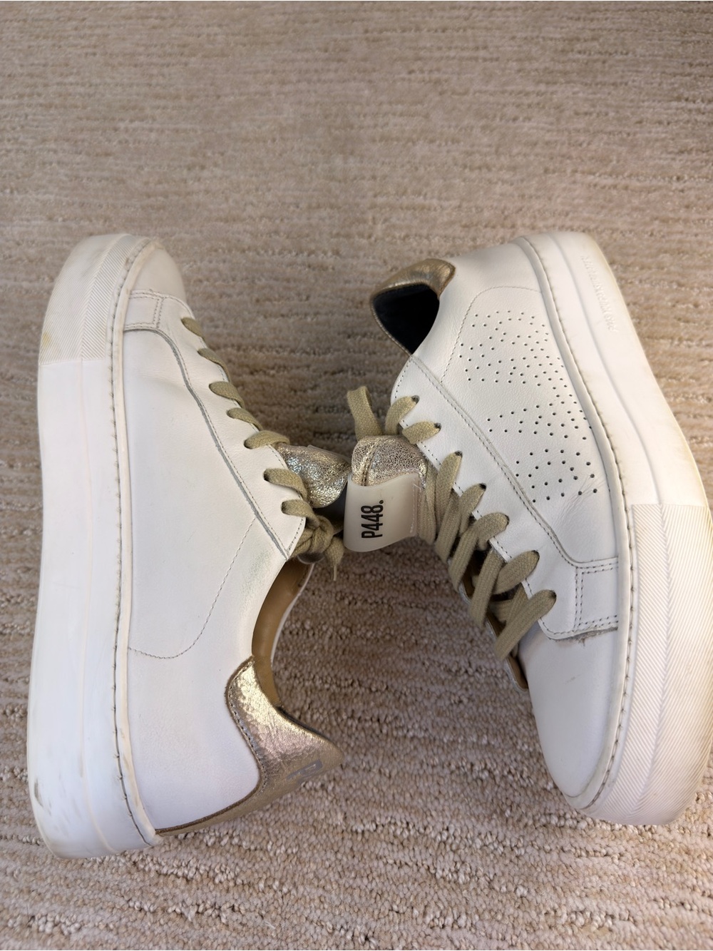 P448 Thea Women’s Low Leather Platform Sneakers White/Gold Metallic Heel/Tongue - Picture 9 of 13